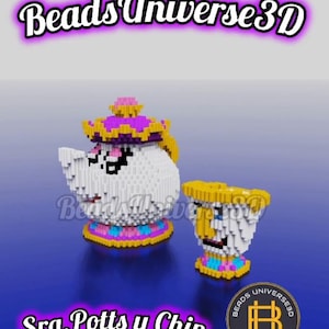 Puede incluir: Un modelo 3D de cuentas de la Sra. Potts y Chip de La Bella y la Bestia de Disney. La Sra. Potts es una tetera blanca con una corona rosa y dorada. Chip es una taza de té pequeña con una cara azul y amarilla. El modelo está hecho con cuentas de colores y es una gran adición a la colección de cualquier fan de Disney.