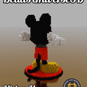 May include: A 3D bead model of Mickey Mouse, made with black, red, white, and yellow beads. The model is standing on a red base with a yellow shoe. The text "Beads Universe 3D" is at the top of the image and "Mickey Mouse" is at the bottom.