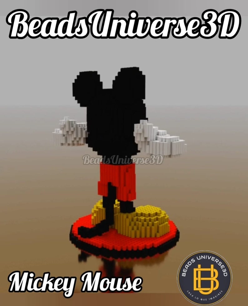 May include: A 3D bead model of Mickey Mouse, made with black, red, white, and yellow beads. The model is standing on a red base with a yellow shoe. The text "Beads Universe 3D" is at the top of the image and "Mickey Mouse" is at the bottom.