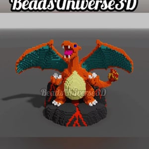 Könnte beinhalten: Ein 3D-Modell eines Charizard-Pokémon aus Perlen. Der Charizard ist orange, gelb und blau mit einer roten Flamme am Schwanz. Der Charizard sitzt auf einem schwarzen Felsen mit roter Lava, die darunter fließt.