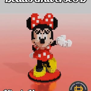 May include: A 3D bead model of Minnie Mouse, a cartoon character with a red dress with white polka dots, a black bow with white polka dots, and yellow shoes. The model is on a red background with the text "Beads Universe 3D" and "Minnie Mouse" below the model.