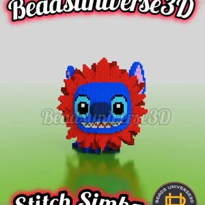 Op de afbeelding: Een 3D-geprint figuur van Stitch, ontworpen als Simba, met een blauw lichaam en een rode manen. De afbeelding bevat de tekst "Beadsuniverse3D" en "Stitch Simba".