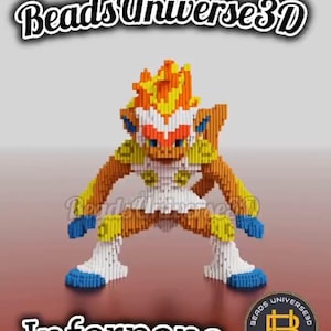 May include: A 3D bead model of Infernape, a fire-type Pokemon, in a fighting pose. The model is made of small, colorful beads and is a vibrant orange, yellow, and white. The model is standing on a red surface and has the text "Beads Universe 3D" at the top of the image.