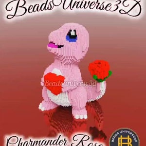 Puede incluir: Una figura de Charmander Pokémon rosa hecha de cuentas, sosteniendo un corazón rojo y una rosa roja. La figura está de pie sobre un fondo rojo con el texto "Beads Universe 3D" en la parte superior y "Charmander Rosa" en la parte inferior.