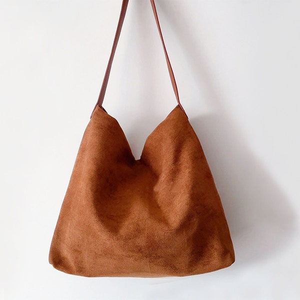 Large Suede Leather Tote Bag for Women, Soft Leather Shoulder Bag, Slouchy Bag Daily Weekend Handbag, Work Bag, Birthday Gift for Girl