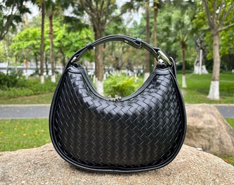 Bolso tejido de cuero genuino para mujer, bolso de media luna tejido suave, bolso bandolera de cuero real, bolso de media luna, regalo para ella