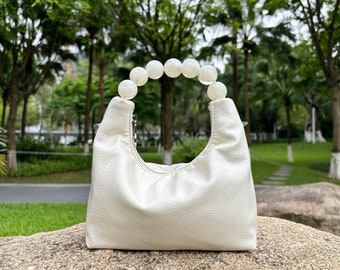 Small Pearl Tote Bag for Women, Pearl Pu Leather Handbag, Pearl Clutch Bag, Pearl Shoulder Bag Crossbody Bag, White Pearl Bag, Gift for Her