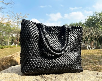 Large Leather Woven Tote Bag for Women, Leather Handwoven Handbag, Leather Shoulder Bag, Top Handle Bag, Shopping Bag, Gift for Girl/Mother