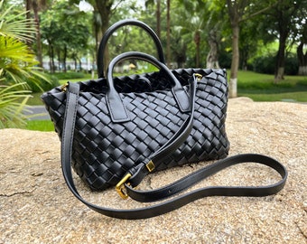 Bolso tejido de cuero suave para mujer, bolso de hombro de cuero hecho a mano, bolso bandolera, bolso de asa superior, bolso de compras, bolso de verano, regalo para niña