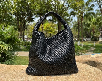 Sac en cuir tissé pour femme, sac fourre-tout en cuir, sac à main en cuir à bandoulière, sac de week-end, sac de travail, sac hobo en cuir, cadeau pour fille/mère