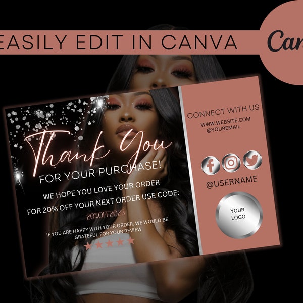 Glam DIY Printable Thank You Card Template for Hair Businesses |  Wig Installs, Hair extensions, Hair Boutique