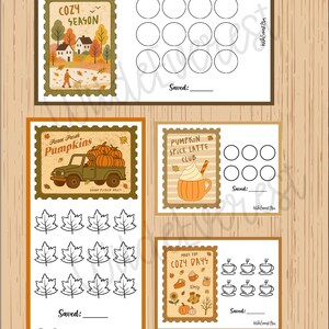 May include: A collection of fall-themed printable cards with illustrations of pumpkins, leaves, and cozy items. The cards feature text like "Cozy Season" and "Pumpkin Spice Latte Club", with spaces for tracking and saving.