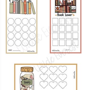 May include: Three printable book-themed habit tracker pages. The first page features a stack of books with flowers and the text "SAVED:". The second page features a bookshelf with books, a cat, a teapot, and the text "Book Lover". The third page features a jar filled with books and the text "Books" and "Saved:".