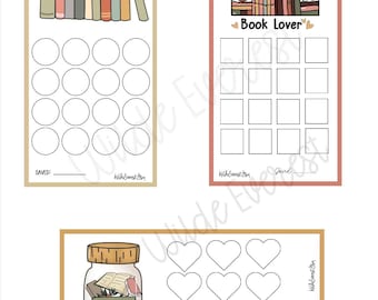 Könnte beinhalten: Drei druckbare Buch-Habit-Tracker-Seiten. Die erste Seite zeigt einen Stapel Bücher mit Blumen und den Text "SAVED:". Die zweite Seite zeigt ein Bücherregal mit Büchern, einer Katze, einer Teekanne und dem Text "Book Lover". Die dritte Seite zeigt ein mit Büchern gefülltes Glas und den Text "Books" und "Saved:".