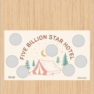 May include: A beige background with a light brown tent, a crescent moon, and stars. The text "Five Billion Star Hotel" is in a brown circle around the tent. There are six gray circles around the tent. The text "($3-$6)" is in the bottom left corner.