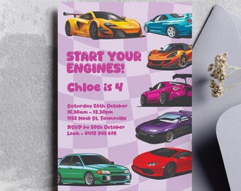 Mädchen Autos 4. Geburtstagseinladung: Bearbeitbare Rennparty (Digitaler Download Vorlage)