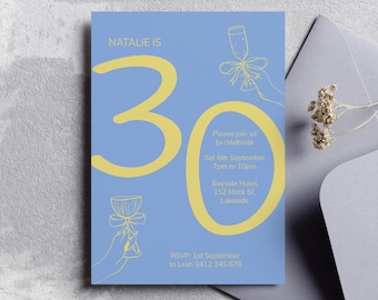 Bearbeitbare 30 Geburtstagseinladung: Moderne blau gelbe Party einladen (Digitaler Download)