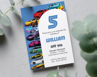 Invitación de cumpleaños número 5 de Racing Cars: temática azul (personalizable)