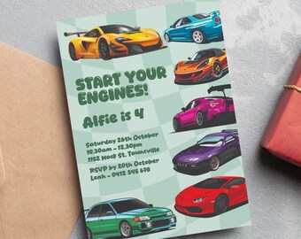 Autos 4. Geburtstagseinladung: Bearbeitbare Rennparty (Digitaler Download Vorlage eviete)