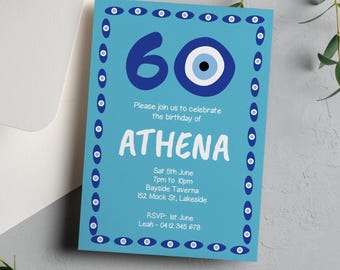 Griechische Geburtstagseinladung 60.: Augenamulett, bearbeitbare Vorlage (digital bearbeitbare druckbare Datei)