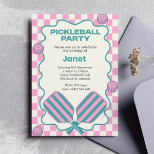 Pickleball party invitation birthday editable instant download evite retro pink coquette racquet ball sports theme pickle court invite cute