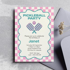 Pickleball party invitation birthday editable instant download evite retro pink coquette racquet ball sports theme pickle court invite cute