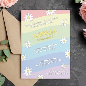 Rainbow Daisy 7th birthday invitation | Colourful editable girls seven | pastel seventh bday | Daisies 7 party invite | instant download