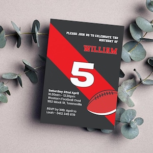 Âge modifiable Essendon Invitation Football 5e anniversaire fête footy cinquième anniversaire inviter personnaliser les règles de l'Australie de la fête des garçons