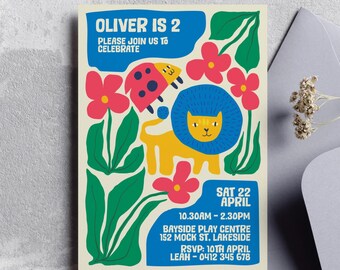 Bearbeitbare 2.Geburtstags-Party Einladungsvorlage mit bunten Formen und Tieren im Matisse-Stil