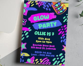 Glow Party 7. Geburtstagseinladung: Neon bearbeitbar (Digitaler Download druckbare Vorlage)