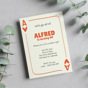 Invitación de cumpleaños número 40 de póker / Edad editable / Invitación de as de naipes para fiesta de cumpleaños número 40 / Moderna, única y divertida para adultos / 40 cuarenta