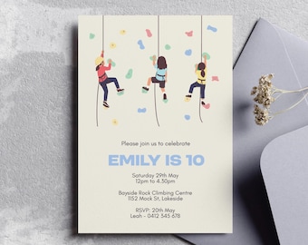 Rock climbing birthday invitation for kids party - printable digital evite editable template (A5 size)