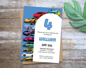 May include: A blue and white birthday invitation with a large number 4 and the name William. The invitation features a colourful illustration of race cars and the text "Please join us to celebrate the birthday of William. Saturday 22nd April 10:30am-12:30pm 1152 Mock St, Townsville RSVP by 10th April to Leah-0412 345 678"