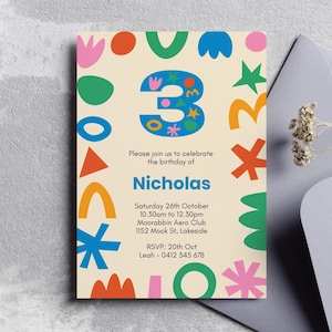 Plantilla editable de invitación para fiesta de tercer cumpleaños con formas coloridas
