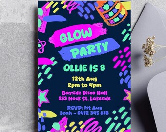 Glow Party Einladung zum 8. Geburtstag: Neon bearbeitbar (Digitaler Download druckbare Vorlage)