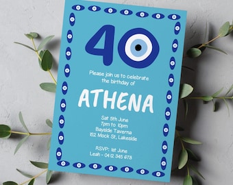 Griechische Geburtstagseinladung 40.: Evil Eye Amulett, bearbeitbare Vorlage (digital bearbeitbare druckbare Datei)