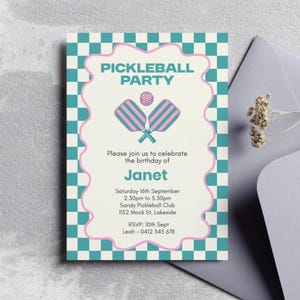Pickleball party birthday invitation editable instant download evite retro pink coquette racquet ball sports theme pickle court invite cute