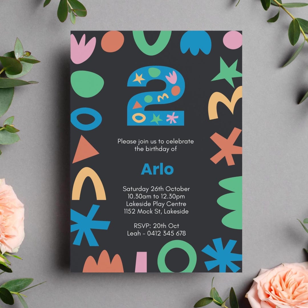 Editable 2nd Birthday Party Invitation Template With Colorful Shapes ...