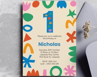 Vorlage für eine bearbeitbare Einladung zum 1. Geburtstag mit bunten Formen (A5-Einladung zum Ausdrucken)