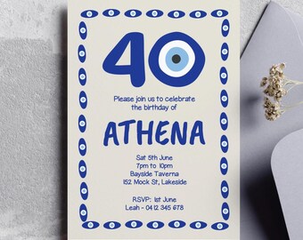 Griechische Geburtstagseinladung 40: Augenamulett, bearbeitbare Vorlage (digital bearbeitbare druckbare Datei)
