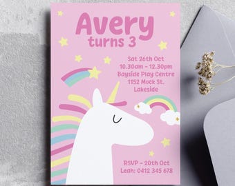 Bearbeitbare Einhorn-Party Einladungsvorlage zum 3. Geburtstag mit farbenfrohem Pastell-Design
