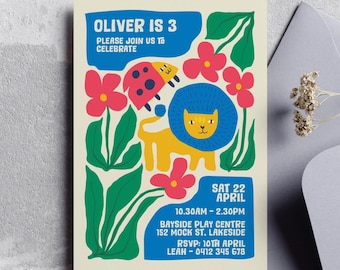 Bearbeitbare 3.Geburtstags-Party Einladungsvorlage mit bunten Formen und Tieren im Matisse-Stil
