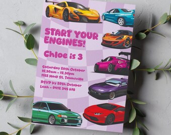 Mädchen Autos 3. Geburtstagseinladung: Bearbeitbare Rennparty (Digitaler Download Vorlage)