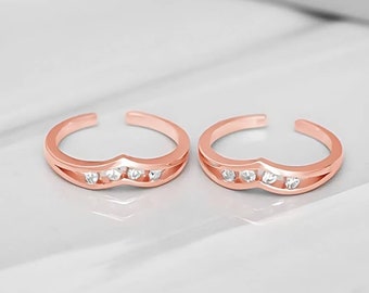 925 Sterling Silver Adjustable Pair Toe Ring for Women 14kt Rose Gold Plating, Round Cubic Toe Ring, Gift for Wife, Gift for ever