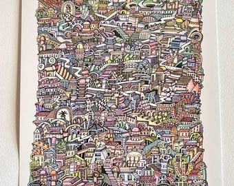 Dibujo original - mini ciudad - bolígrafo y lápiz de color