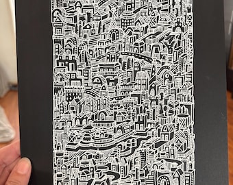 Original drawing, A4 city scape, signed, unframed, white ink on black paper.
