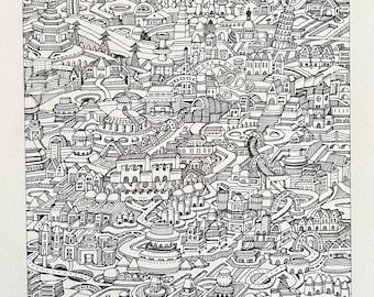 Original drawing, A4 city scape, signed, unframed.