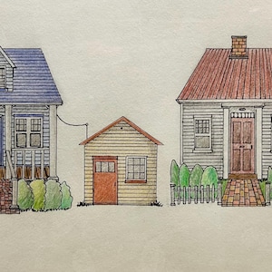 May include: A hand-drawn illustration of three houses. The first house has a blue roof and door, the second is a small shed, and the third has a red roof and door. Green bushes and a white picket fence are in front of the houses.