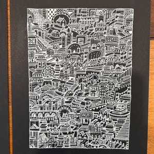 Original drawing, A4 city scape, signed, unframed, white ink on black paper.