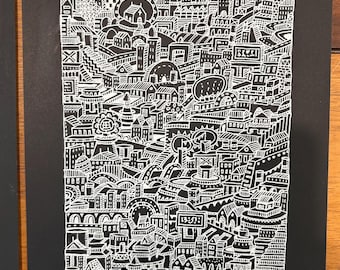 Original drawing, A4 city scape, signed, unframed, white ink on black paper.